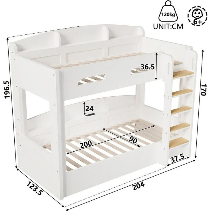 Flieks Etagenbett, Kinderbett 90x200cm mit Steckdose darunter und Ablagefächer – Bild 4
