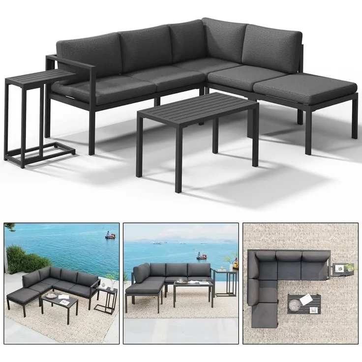 Mucola Sitzgruppe Aluminium Ecksofa mit Beistelltisch Lounge wetterfest Grau Tisch Balkonmöbel Terrasse Outdoor-Möbel