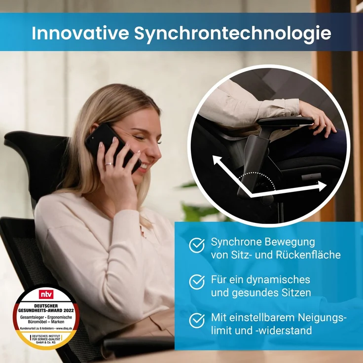 Ergotopia 'NextBack' ergonomischer Bürostuhl mit integrierter Lordosenstütze, Drehstuhl mit 3D Armlehnen & verstellbarer Kopfstütze, Schwarz – Bild 4
