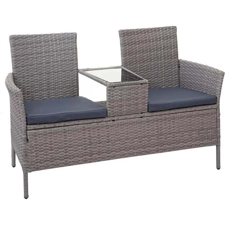 MCW Poly-Rattan Sitzbank mit Tisch E24, Grau mit dunkelgrauen Kissen, wasserabweisend, pulverbeschichtetes Stahlgestell