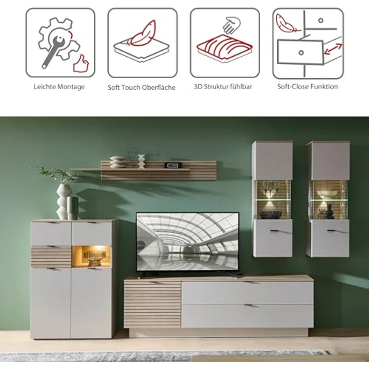 Stella Trading INA Highboard in Kaschmir, Riva Eiche Optik FSC-Zertifiziert - Moderner Wohnzimmerschrank mit Schubladen und LED-Beleuchtung - 84 x 125 x 45 cm (B/H/T) – Bild 4