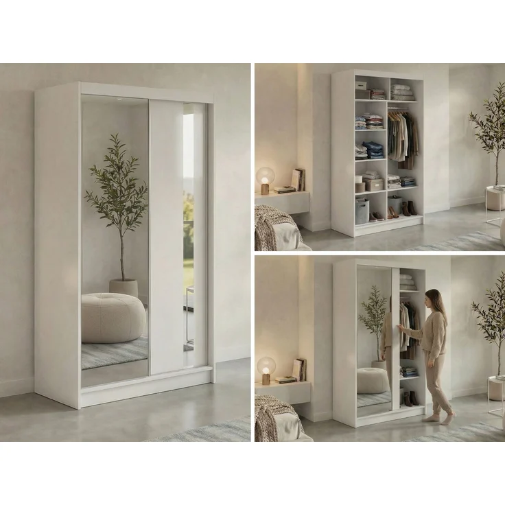 Schiebetürenschrank GRECJA 120 cm breite mit Spiegelfront und Dekor-Applikationen in Weiß, inkl. Kleiderstange & Einlegeböden - Weiß – Bild 2