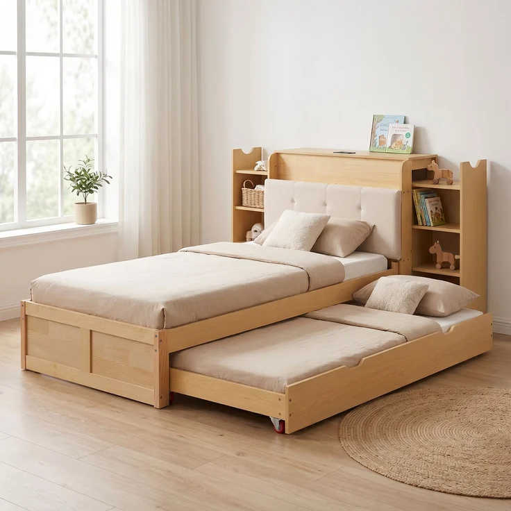 Abrihome Ausziehbett 90x200 bis 180x200 cm, Massivholz & MDF, Einzel-/Doppelbett, Rollen, Natur – Bild 1