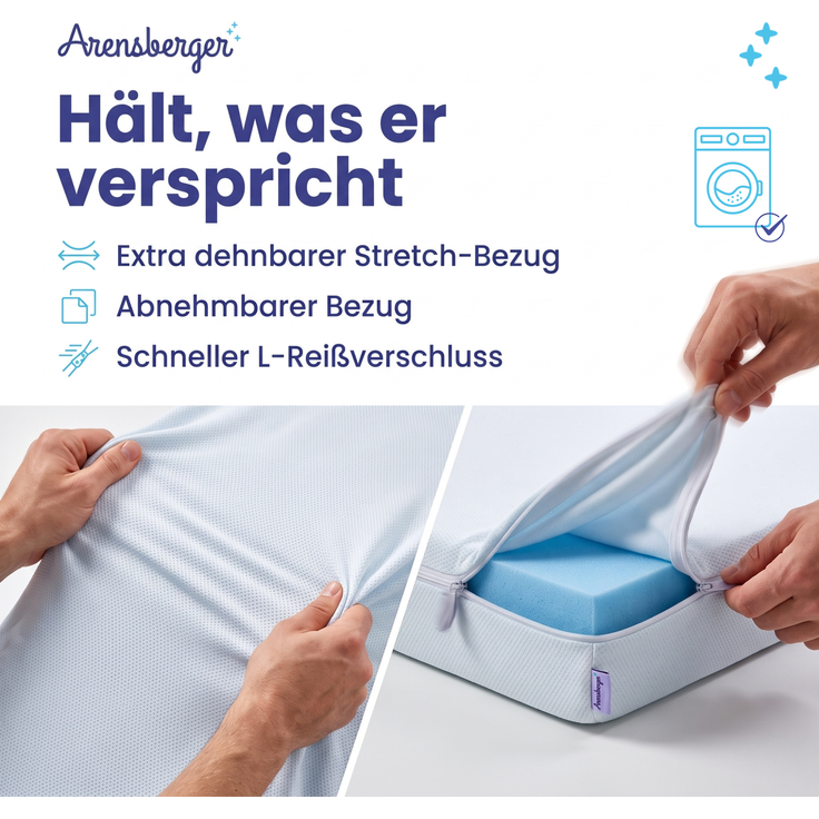 Arensberger Matratzen Topper PREMIUM, 140x200cm, Gelschaum Matratzentopper, waschbarer Bezug, geeignet für Federkern & Schaumstoff Matratzen, Höhe 8cm – Bild 4