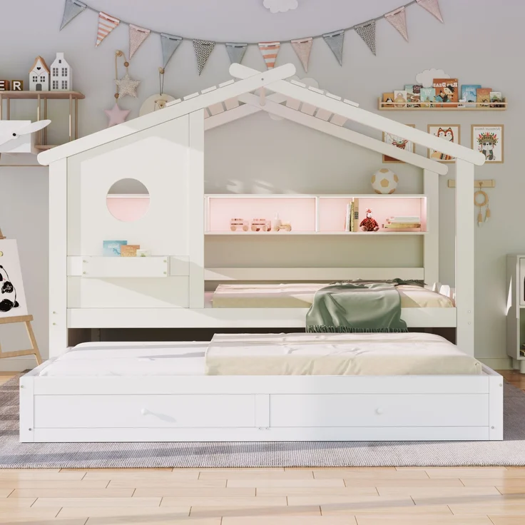Merax Kinderbett, Jugendbett, 90x200cm, mit Ausziehbett 90x190cm, mit 2 Schubladen, mit USB- und Typ-C-Ladeanschlüssen und LED, mit Einlegeböden, Weiß – Bild 3