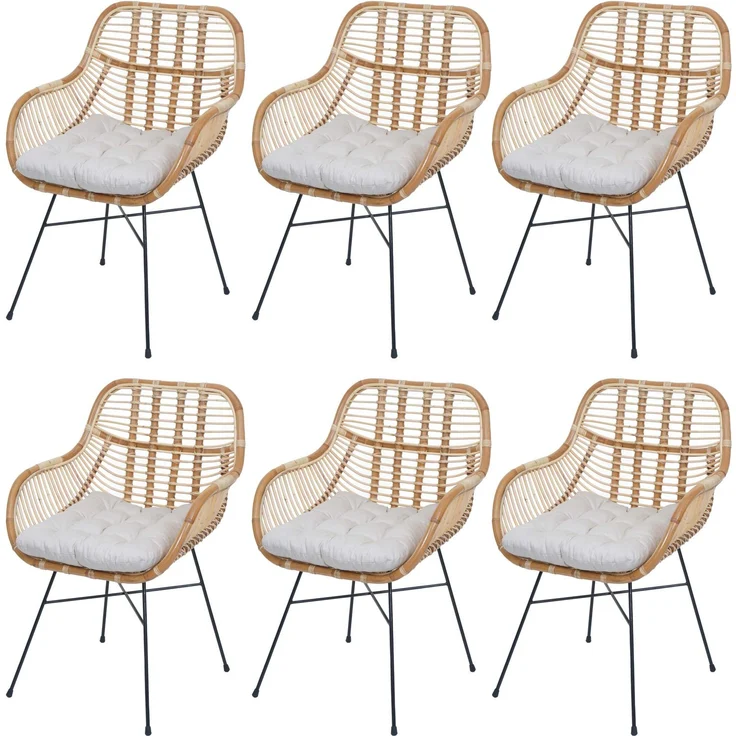 6er-Set Esszimmerstuhl HWC-P17, Küchenstuhl Korbstuhl Rattansessel Rattanstuhl Stuhl, Kubu Rattan Metall ~ Polster creme – Bild 9