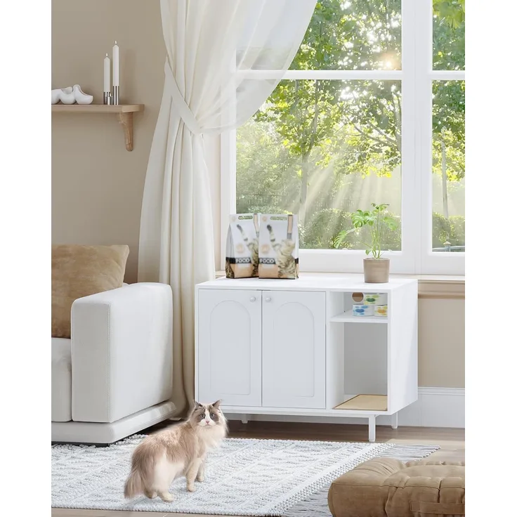 Katzenschrank, Katzentoilette, Katzenklo Schrank, Katzenhaus mit Tür und separater Trennwand, 80 x 50 x 61 cm, Stabile Katzenschrank, Sitzbank, Weiß