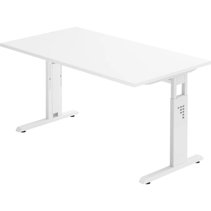 bümö höhenverstellbarer Schreibtisch O-Serie 140x80 cm in weiß, Gestell in weiß - PC Tisch für's Büro manuell höhenverstellbar, Computertisch verstellbar, OS-14-W-W – Bild 1