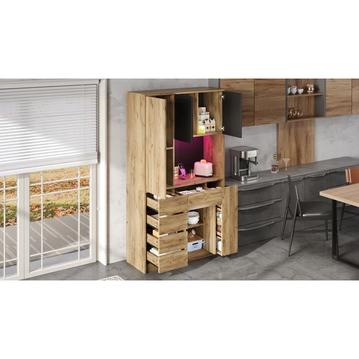 ZUBALIYA Küchenschrank 105x40x185 cm, mit LED-Beleuchtung, mit Steckdosen, mit verstellbaren Einlegeböden, aus MDF, Schwarz / Natur – Bild 23