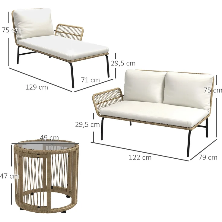 Rattan Gartenmöbel-Set Gartengarnitur mit Liegestuhl, Couchtisch, Zweisitzer & Creme Sitzkissen für Terrasse & Balkon--Cremeweiß--122x79x75cm--YOUDENOVA – Bild 3