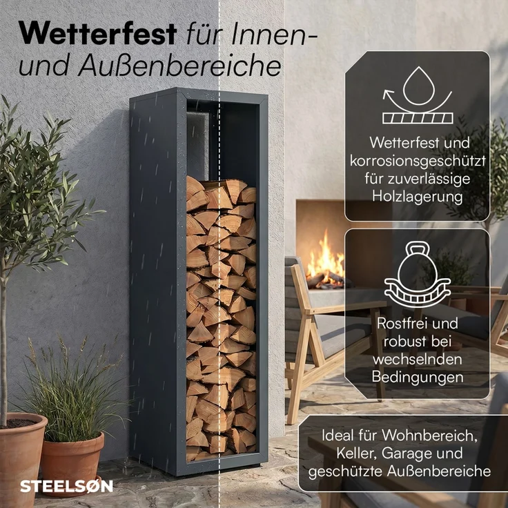 STEELSØN 'Keid' Kaminholzregal 110x40x40 cm, Brennholz Regal für innen/außen, rostfrei & wetterfest, stabil aus Metall, anthrazit – Bild 7