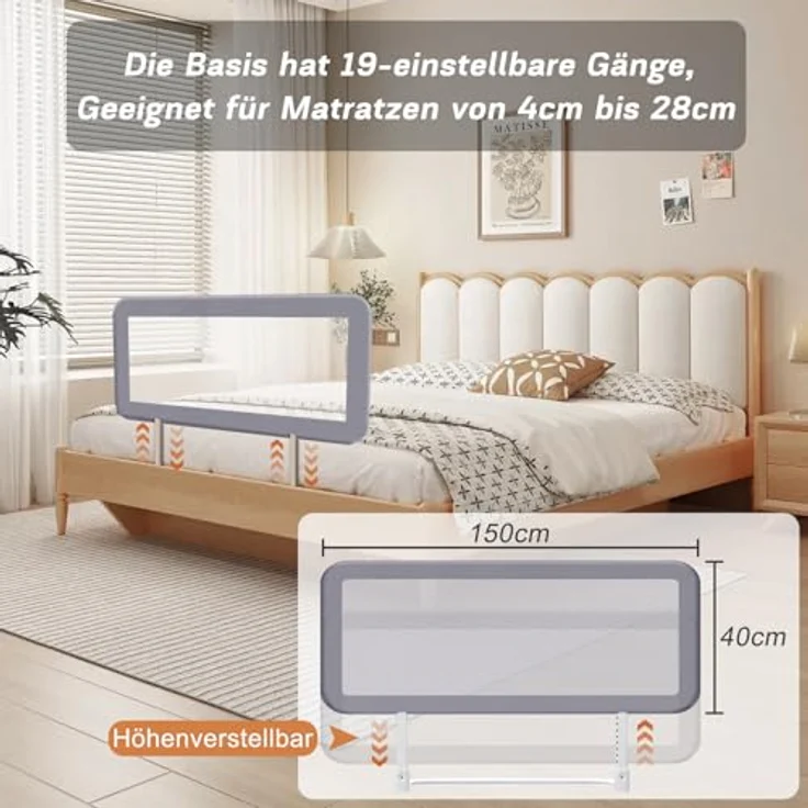 YIKANWEN Tragbare Bettgitter 150cm, Bettschutzgitter für Kinder ab 0 Monate-10 Jahren, Rausfallschutz für Kinderbetten,Boxspringbetten – Bild 5