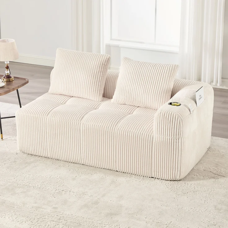 2-Sitzer Sofa, Cord mit Seitenfächern & Becherhaltern, 158x93x61 cm, Beige – Bild 3
