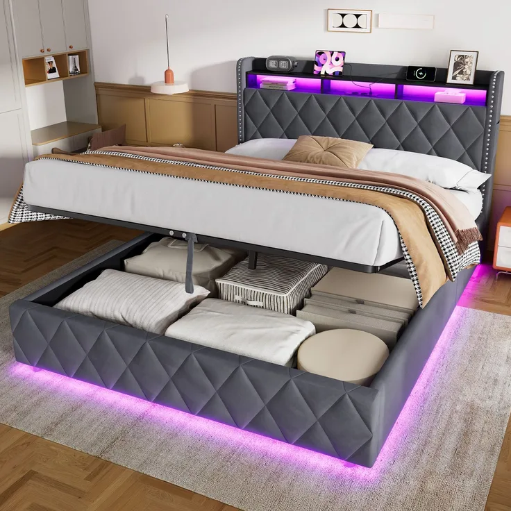Einzelbett 140x200 cm mit LED-Beleuchtung, Ladefunktion und hydraulischem Stauraum – Ohne Matratze