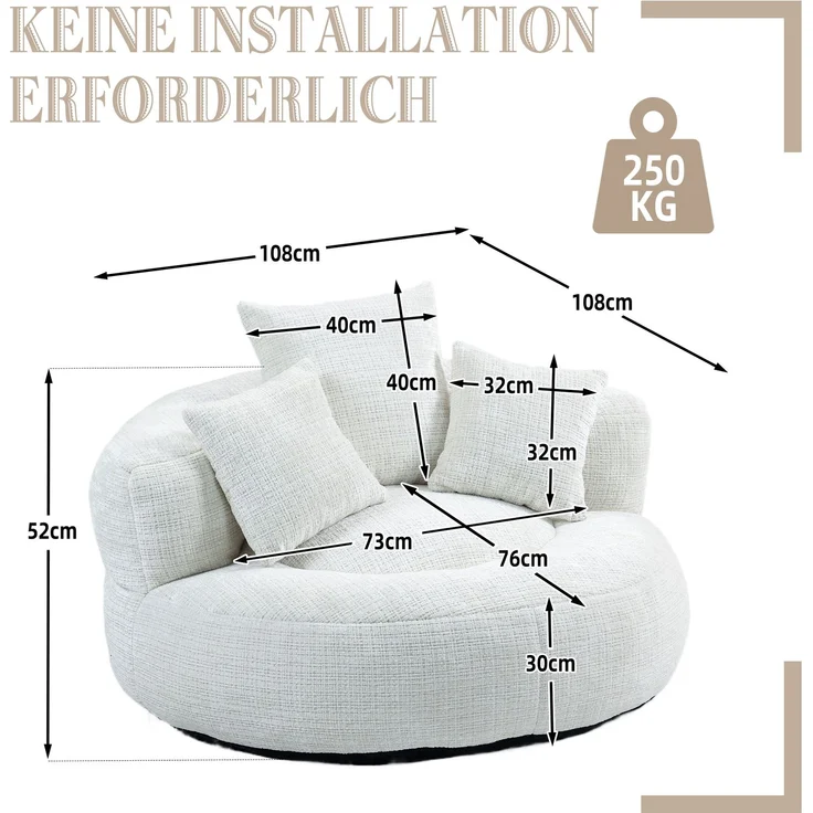 Lazy Sofa Durable Komfort Lounger hohen Rücken Sitzsack Stuhl Couch mit drei Kissen für Erwachsene und Kinder, Indoor & Outdoor, Single Gaming Sofa Stuhl für Schlafzimmer, Büro (Beige Chenille)--Beige--108x108x52cm--YOUDENOVA – Bild 7