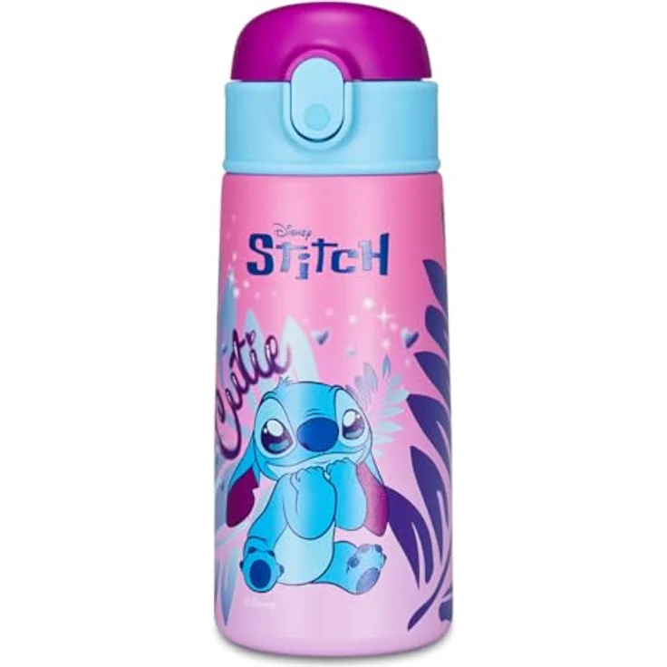 Seven Lilo & Stitch Trinkflasche, Thermosflasche, Wasserflasche, Thermosflasche aus Edelstahl, BPA-frei, 500 ml, Silikondeckel, Kinder, Jungen, Mädchen, Geschenkidee, rosa – Bild 1