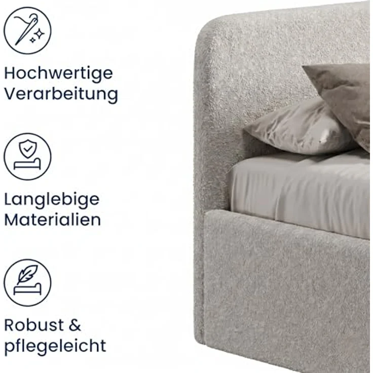 Home Collective Polsterbett mit Stauraum, verstellbarem Lattenrost, Bouclé-Stoff in Schwarz oder Creme, wählbare Matratze Federkern oder Kaltschaum, viele Größen – Bild 7