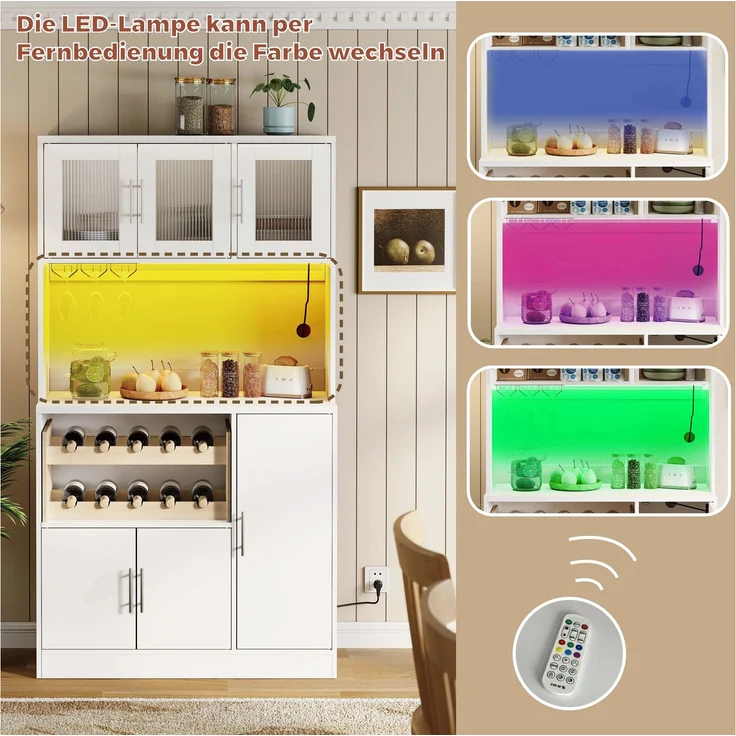 Kitchen Pantry Cabinet, Weißer Küchenschrank mit RGB-LED und Steckdose, Hoher Vorratsschrank mit Weinglashalter & Weinregal, Moderner Küchenschrank mit Glasfronten, 100x40x180 cm--Weiß--100x40x180cm--YOUDENOVA – Bild 4