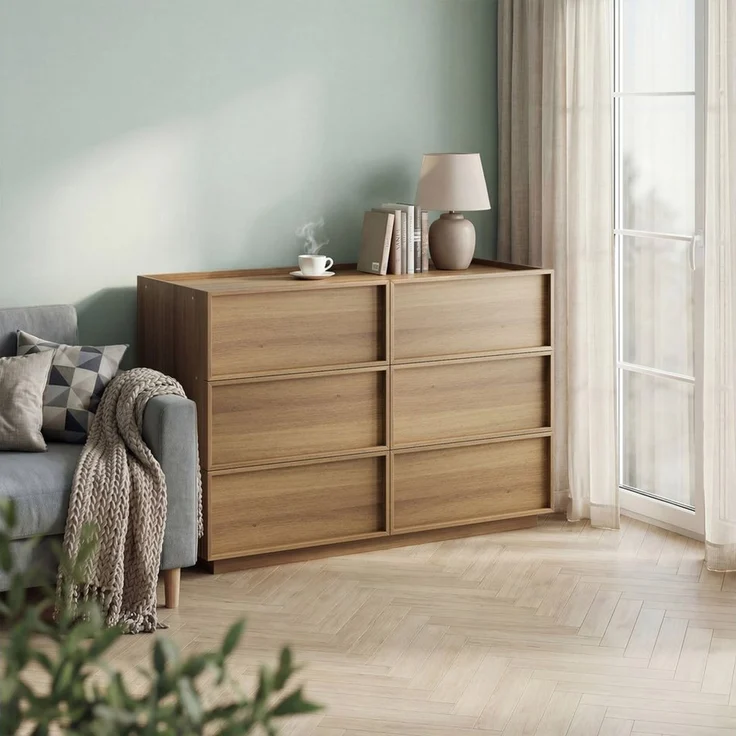SONNI Schubkastenkommode Kommode mit 6 Schubladen 115x48/80x127cm Eichenfarbe, 6 Schubladen, griffloses Design, Metallschienen – Bild 1