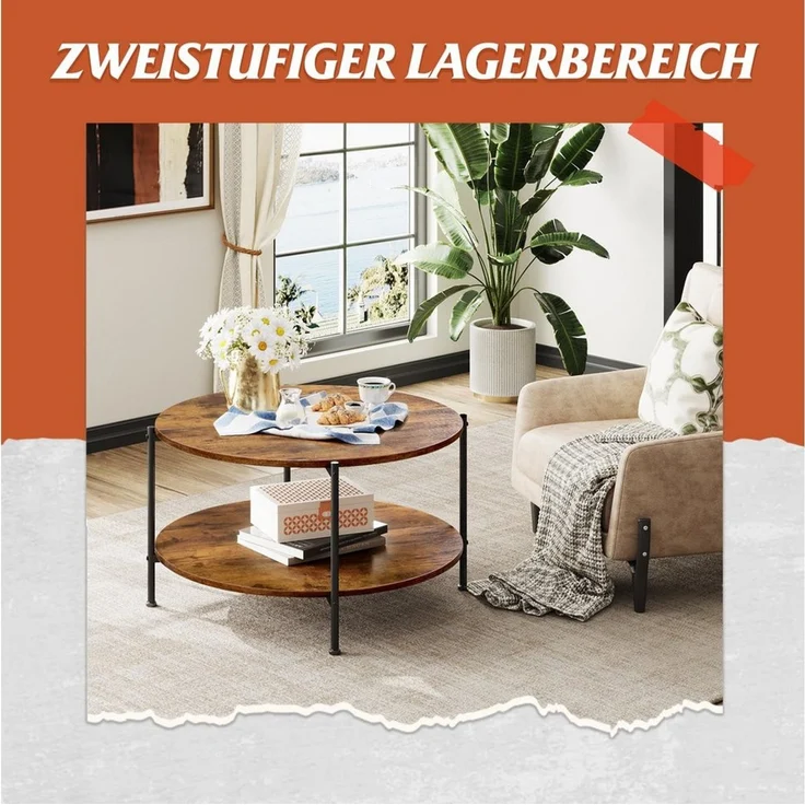 WLIVE Couchtisch Couchtisch rund mit 2 Ebenen, Beistelltisch Holz mit Metallgestell (1 Tisch), Wohnzimmertisch mit Metallrahmen, für Wohnzimmer, Schlafzimmer – Bild 2
