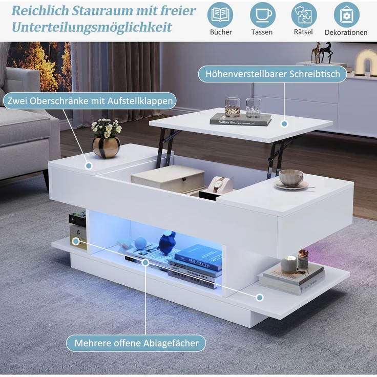 Couchtisch Weiß Hochglanz mit LED, Lift-Top Funktion, seitlichen Ablagen & 4 offenen Fächern, Wohnzimmertisch – Bild 7