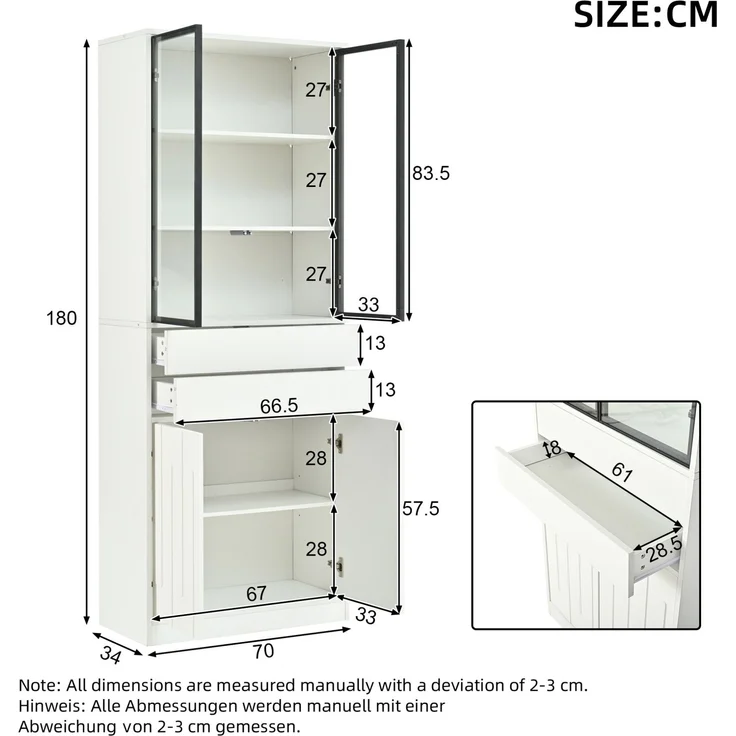 Vitrinen-Set 140 x 34 x 180 cm in Weiß mit Glastüren, Schubladen und LED-Beleuchtung – Bild 5