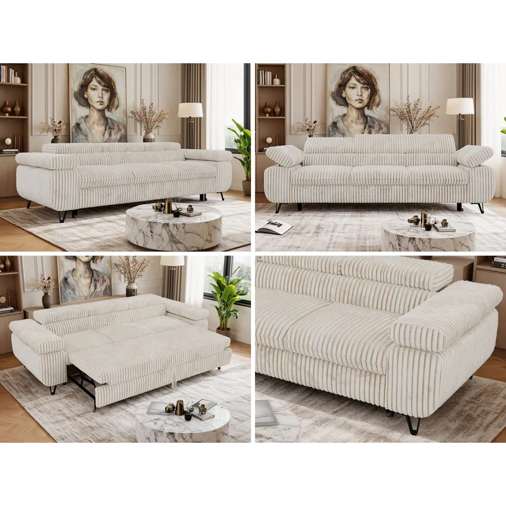 Polstersofa PETER, Sofa 3-Sitzer mit Schlaffunktion, verstellbaren Armlehnen und Kopfstütze, Gepolsterte Couch, Wellenfeder - Beige Cord – Bild 2
