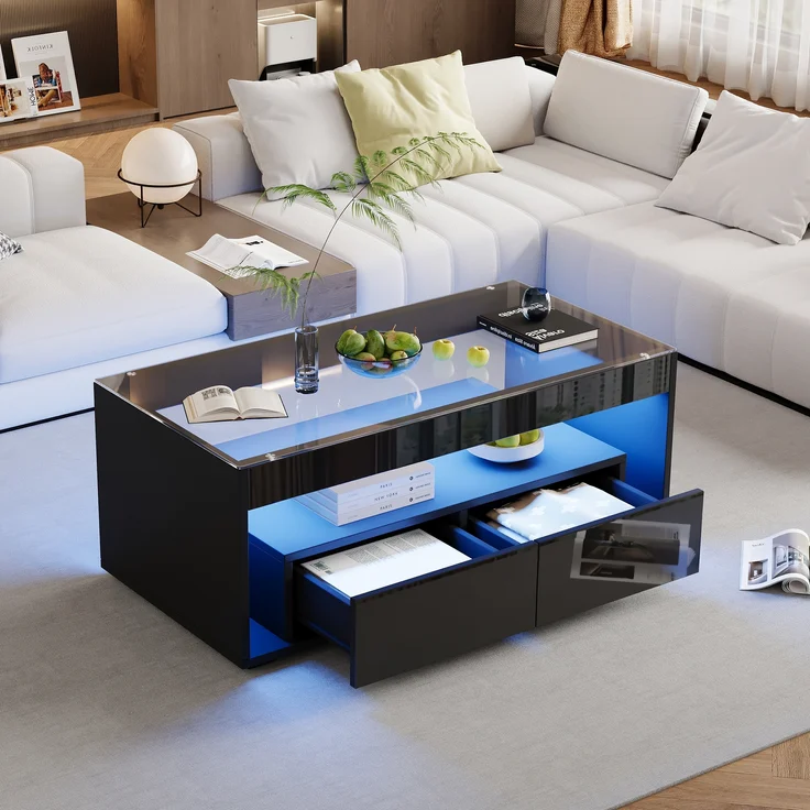Couchtisch aus Spanplatte mit 16-farbiger LED-Beleuchtung, 2 Schubladen & gehärtetem Glas, 100x50x40 cm, Schwarz – Bild 3