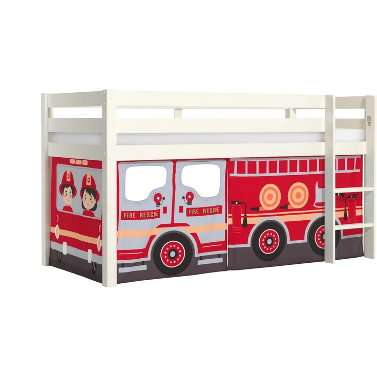 Kinderbett Karolina 210x114x106 Massivholz Weiß Textilset Feuerwehr