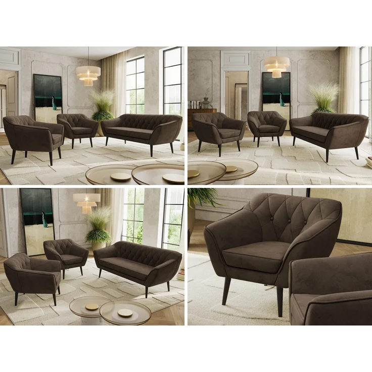 Wohnzimmerset PIRS 1-1-3, Skandinavisches 3-Sitzer Sofa mit Sesseln, Sofa mit Wellenfederung, schwarze Füße, Skandinavisches Möbelset - Braun Velvet – Bild 2