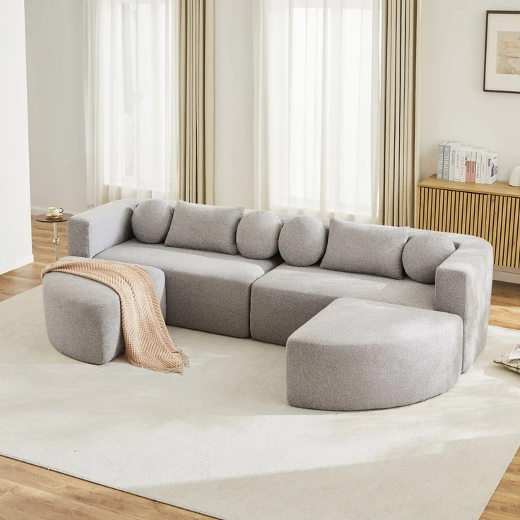 Merax 4-Sitzer Sofas, 292cm Modulare Sofa, Modulare Schlafcouch mit Schlaffunktion, Vollkomprimierte Cloud Couch, Chenille, Ohne Montage, Hellgrau – Bild 5