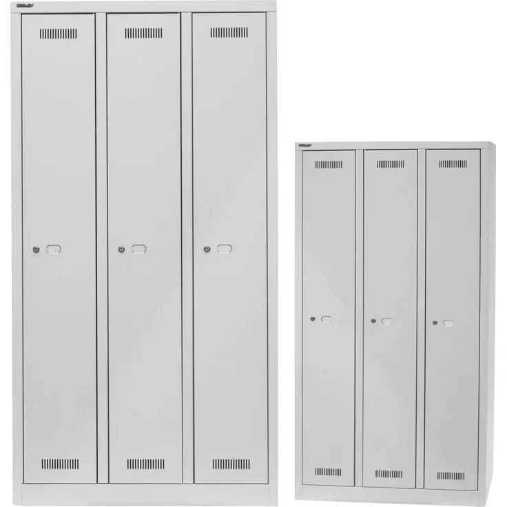 BISLEY Garderobenschrank MonoBloc abschließbar mit Belüftungsschlitzen, Hutboden, Handtuchhalter, Kleiderstange & 3 Haken - Spind mit Schloss - 3 Abteile, Farbe: lichtgrau, ML09T1-645