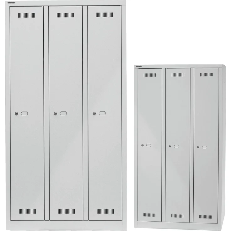 BISLEY Garderobenschrank MonoBloc abschließbar mit Belüftungsschlitzen, Hutboden, Handtuchhalter, Kleiderstange & 3 Haken - Spind mit Schloss - 3 Abteile, Farbe: lichtgrau, ML09T1-645 – Bild 1