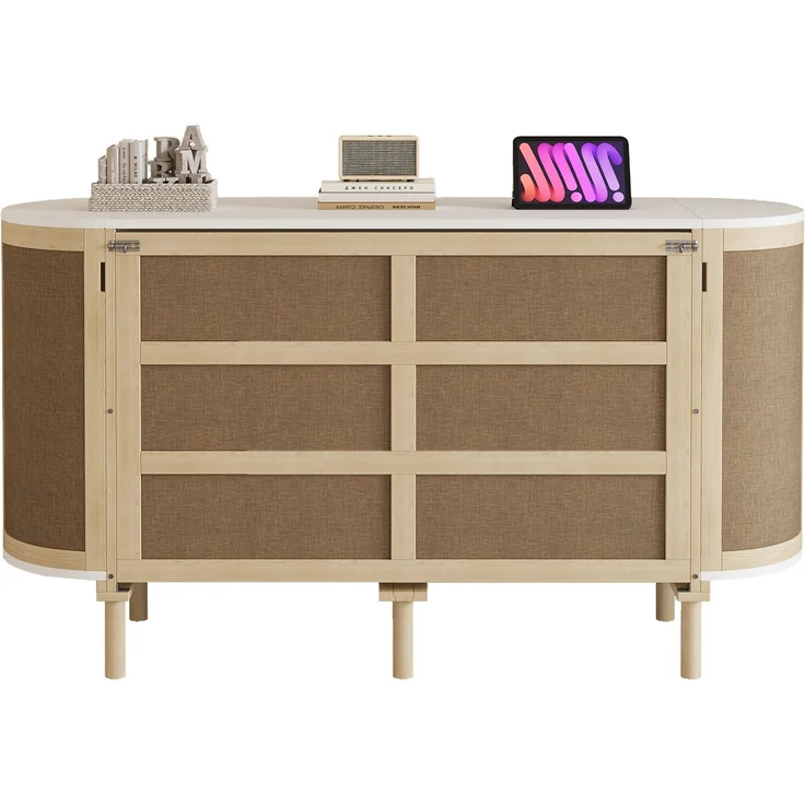 Wandschrankbett 140x200 cm, klappbar, mit Staufächern und Rattan-Front in Naturholz/Weiß – Bild 7