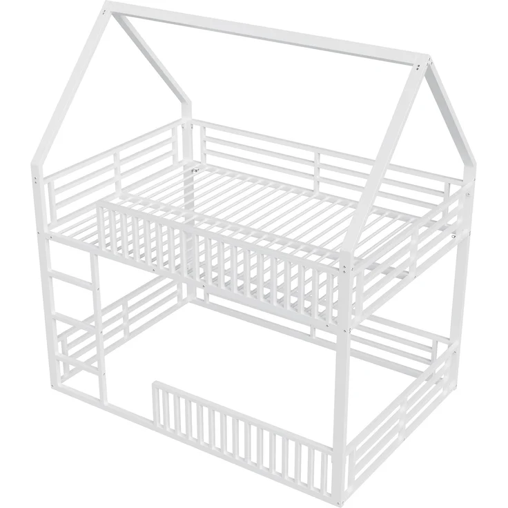 U-life Haus-Etagenbett 140x200 cm mit Sicherheitszaun, LED-Beleuchtung und 2 Lattenrosten, Weiß – Bild 7