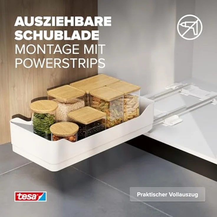 tesa Küchenorganizer-Set Schubladen Organizer Küche, nachrüstbar, ausziehbar, selbstklebend, (Pull Out ausziehbare Küchen-Schublade, 2x Auszugsschienen, 1x Regalboden, 5x Powerstrips-Blätter, uvm, 8-tlg, inkl. Bodenauszug mit 15 Powerstrips & Andrückhi... – Bild 3