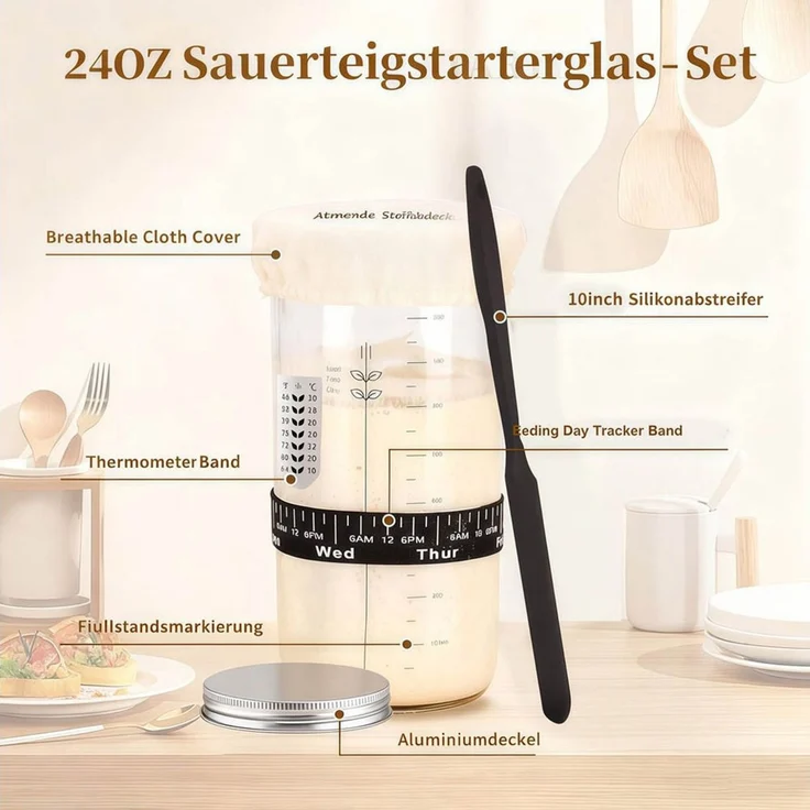 PFCTART Gärkorb 10-tlg. Gärkorb Brotbackset Ø23 cm – Rundes Gärkörbchen, (Set 10-tlg), Handgeflochten, atmungsaktiv mit Sauerteig Starterglas – Bild 3