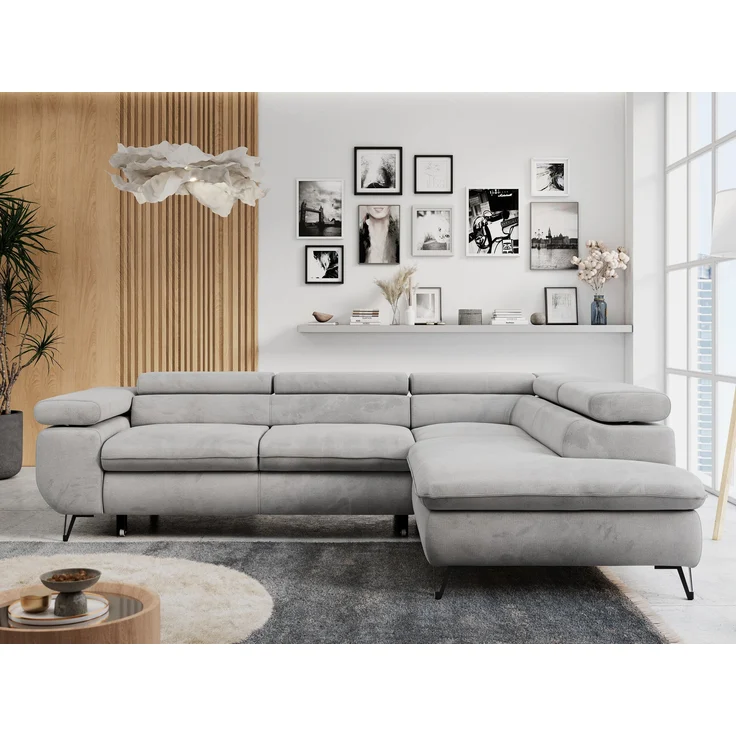 Mks Möbel 'Peter L-form' Ecksofa mit Bettfunktion, Bettkasten & einstellbaren Kopfstützen, Hellgrau, Velours, mit Topper, rechts – Bild 4