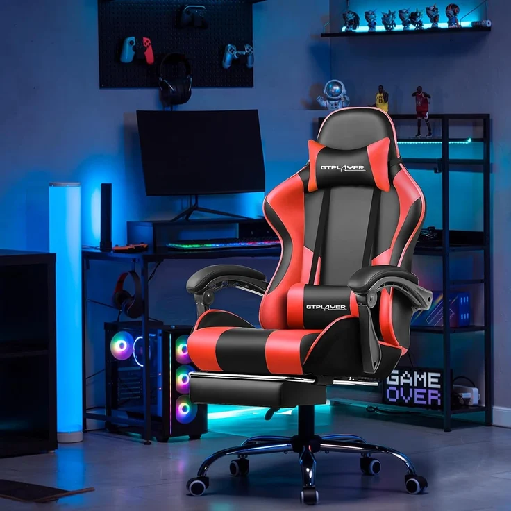 GTPLAYER Gaming Stuhl, Bürostuhl, Ergonomischer Pc Stuhl, Gaming Sessel mit Massagelendenwirbelstütze, Task Stühle mit Fußstütze und Kopfstütze, Rot Kunstleder – Bild 7
