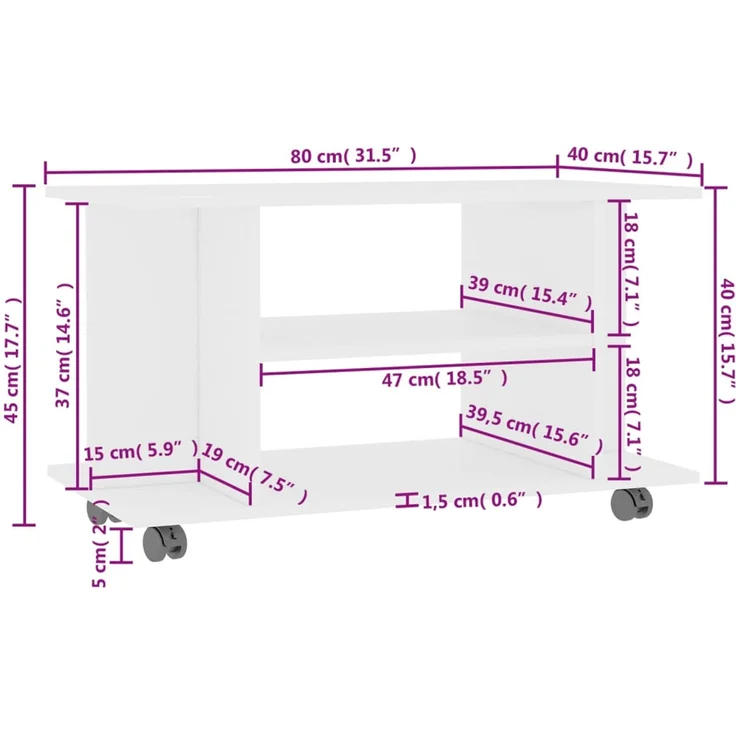 vidaXL TV-Schrank mit Rollen Weiß 80x40x45 cm Holzwerkstoff 800189 – Bild 6