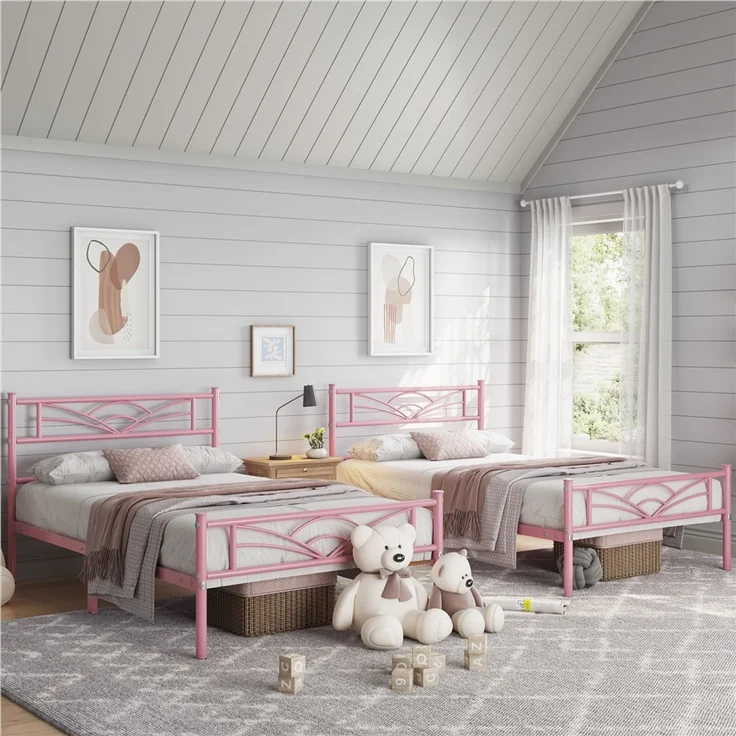 Yaheetech Metallbett mit Lattenrost, Wolkenmuster, Hellrosa, 90x200 cm – Bild 2