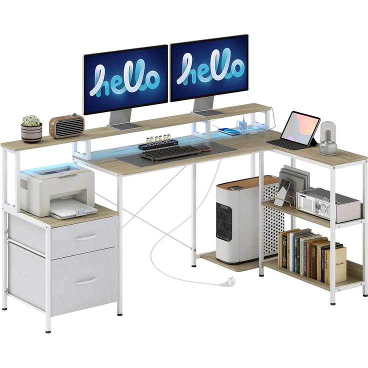 JARDJ Eckschreibtisch mit Steckdosen und RGB-LED-Beleuchtung, Computertisch, 172 x 100 cm, Monitorständer, 2 Schubladen, weiß – Bild 2