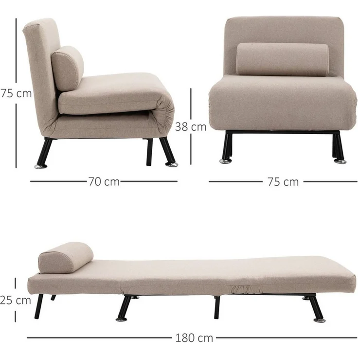 HOMCOM Sessel Schlafsofa mit Bettfunktion Verstellbarer Rückenlehne Kissen (klappbarer Relaxsessel, 1-St, Klappsessel), bis 150 kg belastbar, für Wohnzimmer, Beige – Bild 3