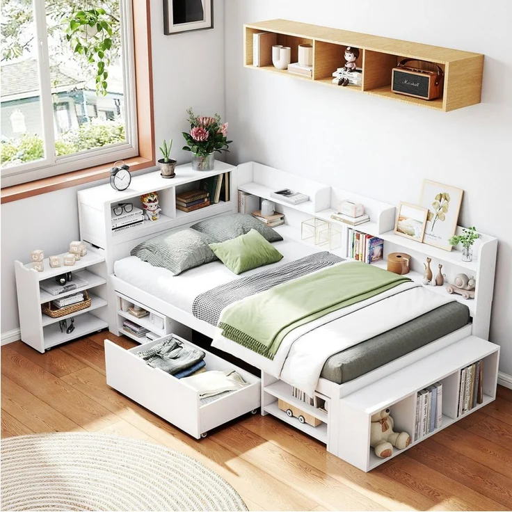 HAUSS SPOLE Holzbett 90x200cm mit Schubladen, Bücherregal, Stauschrank ohne Matratze, weiß (Multifunktionales Kinderbett, mit Lattenrost, ohne Matratze, 90*200cm), mit Schubladen, Bücherregal und Stauschrank – Bild 1