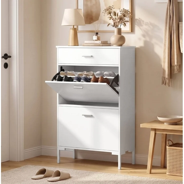 DESVIAE Garderobenschrank Schuhschrank Weiß aus MDF/Metall – 75x110x26 cm – 2 Klappfächer, Schublade – Bild 1