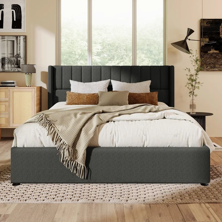 Polsterbett mit Lattenrost und Stauraum, 140x200 cm, gepolsterter Kopfteil, Doppelbett, Leinen – Bild 2