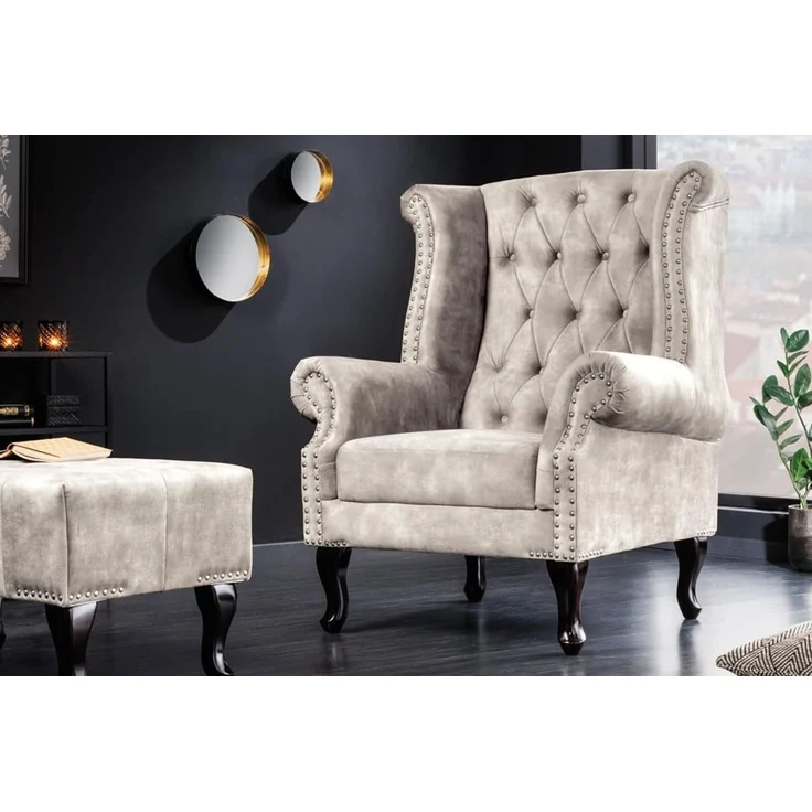 riess-ambiente Ohrensessel CHESTERFIELD 105cm champagner beige/silber- Samt, Ziernieten, Steppung (Einzelartikel, 1-St), gepolsterter Lesessel im Chesterfield-Design - ideal für Wohnzimmer – Bild 2
