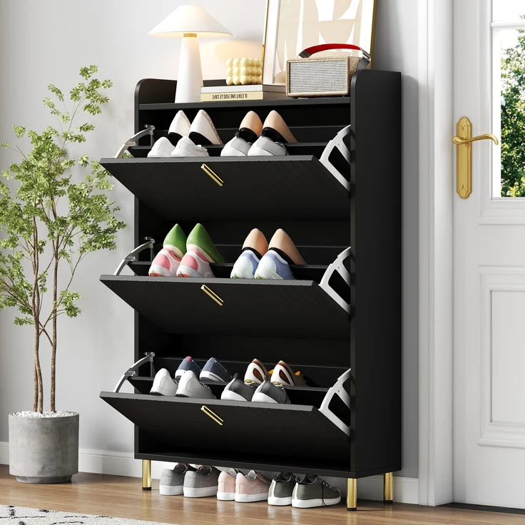 Schuhschrank 80x23x123,5 cm mattschwarz gold Metallfüße 3 Türen verstellbare Böden – Bild 6