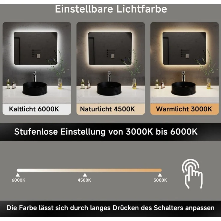 welltime LED-Lichtspiegel Toledo eckig, Spiegel mit LED Beleuchtung, Badspiegel, mit Anti-Fog Beschichtung – Bild 3