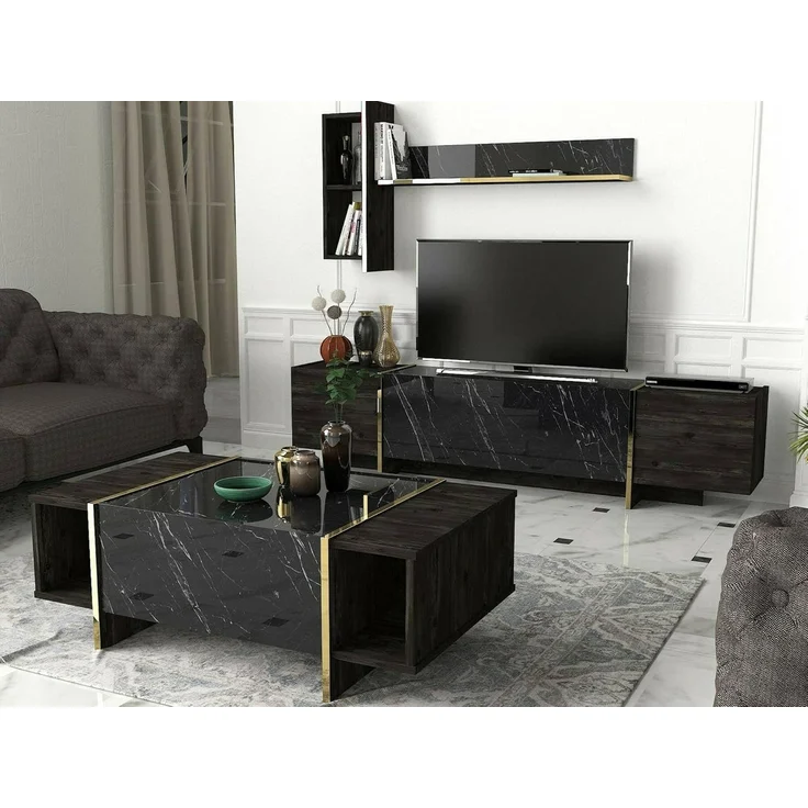 Dmora - Couchtisch Miram, Couchtisch, Zeitschriftenständer für Sofa, Ablage für Wohnzimmer, 104 x 60 x 37 cm, Schwarz und Gold – Bild 5
